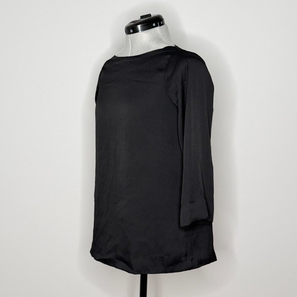 LOFT Black Boat Neck 3/4 Sleeve Satin-Look Blouse Top - Picture 2 of 7